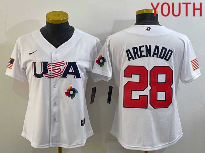 Youth 2023 World Cub USA #28 Arenado White MLB Jersey9->youth mlb jersey->Youth Jersey